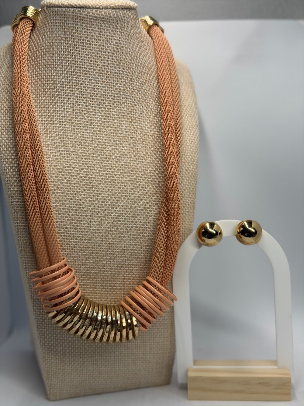Gold Accent Peach Multi-Strand Necklace, signed MIKA, with Gold Ball Earrings.